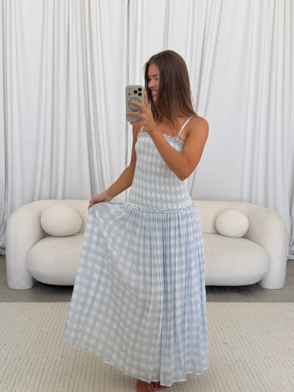 Abbie Drop Waist Smocked Gingham Maxi Dress